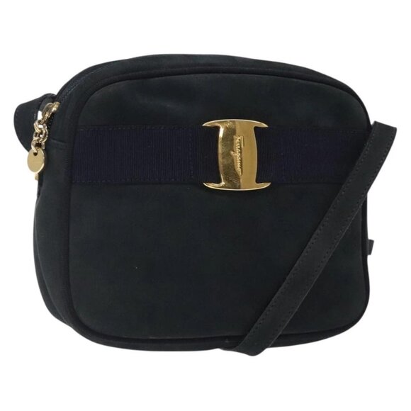 Salvatore Ferragamo Vala Shoulder Bag Suede Navy Gold - Picture 1 of 16